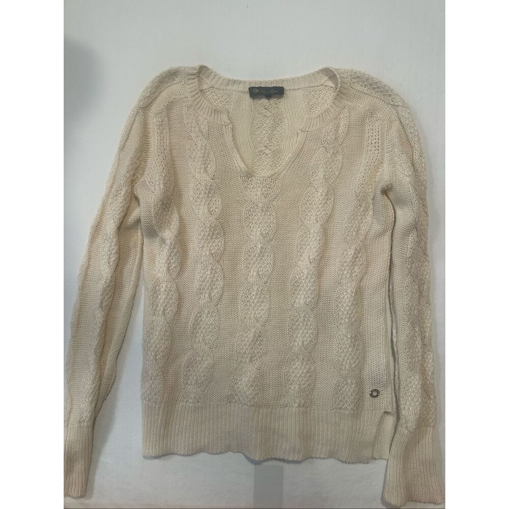 Loro Piana Womens Size 42 Cream Cable Knit Sweater Ivory V Neck Luxury Italy